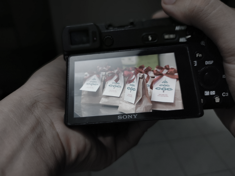 a person holding a Sony camera with a picture of Christmas gifts on it.