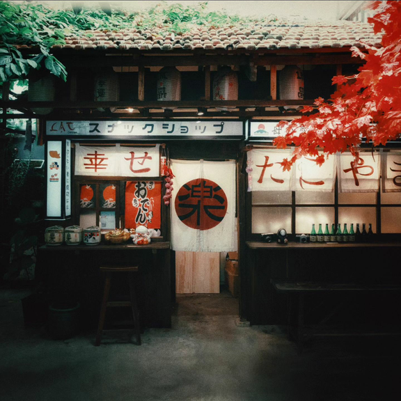 an restaurant with red leaves in the background